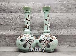 Vintage 12-1/4 Uranium Opaline French Glass Vaseline Hand Painted Vase Pair. J