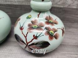 Vintage 12-1/4 Uranium Opaline French Glass Vaseline Hand Painted Vase Pair. J