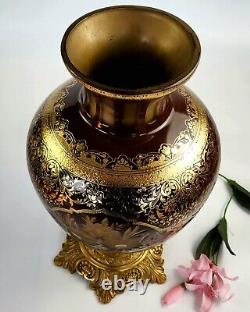 Vintage 14 Tall French Cut-Glass & Brass Vase 22K Gold Etching