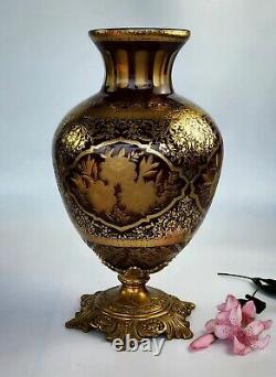 Vintage 14 Tall French Cut-Glass & Brass Vase 22K Gold Etching