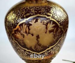 Vintage 14 Tall French Cut-Glass & Brass Vase 22K Gold Etching