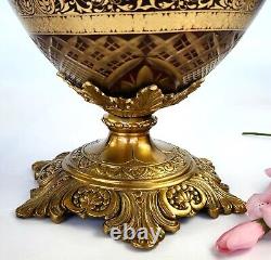 Vintage 14 Tall French Cut-Glass & Brass Vase 22K Gold Etching