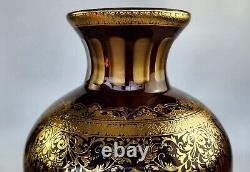 Vintage 14 Tall French Cut-Glass & Brass Vase 22K Gold Etching