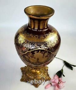 Vintage 14 Tall French Cut-Glass & Brass Vase 22K Gold Etching