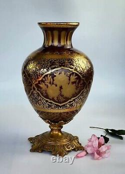 Vintage 14 Tall French Cut-Glass & Brass Vase 22K Gold Etching