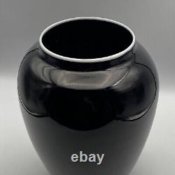 Vintage 8.75 Cristallerie French Black Crystal Glass Vase White Rim C. 1930s