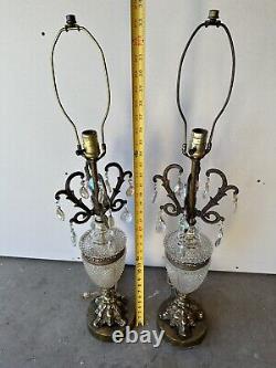 Vintage Antique Crystal Glass Embossed Table Lamps Upscale Estate Pair