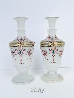 Vintage Antique French OPALINE Bud Vases Vase Satin Glass Jeweled Enameled Gold