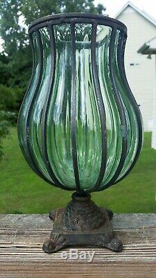 Vintage Antique Italian Art Glass Caged Vase Wrought Iron Mounted 12 LARGE PAIR