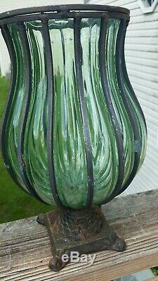 Vintage Antique Italian Art Glass Caged Vase Wrought Iron Mounted 12 LARGE PAIR