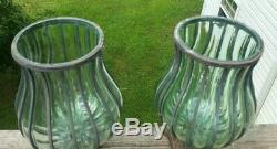 Vintage Antique Italian Art Glass Caged Vase Wrought Iron Mounted 12 LARGE PAIR