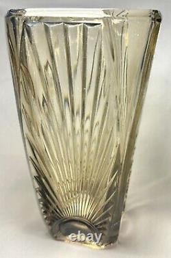 Vintage Art Deco Smokey Lead Glass French Sunburst Vase With Square Base 1930s