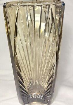 Vintage Art Deco Smokey Lead Glass French Sunburst Vase With Square Base 1930s