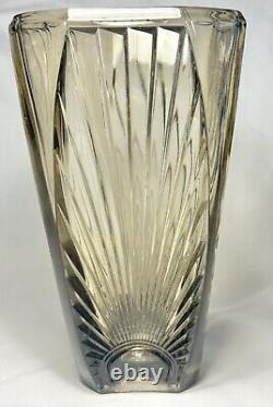 Vintage Art Deco Smokey Lead Glass French Sunburst Vase With Square Base 1930s