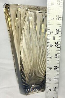 Vintage Art Deco Smokey Lead Glass French Sunburst Vase With Square Base 1930s