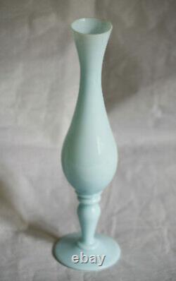 Vintage Blue Opaline Footed Bud Vase Pedestal Vallerysthal French 60s 9.4in