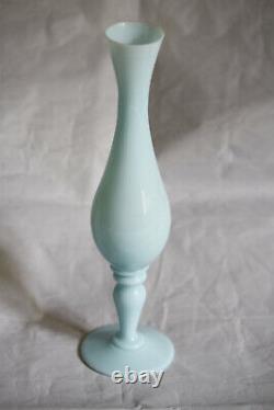 Vintage Blue Opaline Footed Bud Vase Pedestal Vallerysthal French 60s 9.4in