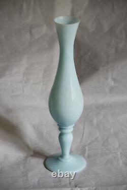 Vintage Blue Opaline Footed Bud Vase Pedestal Vallerysthal French 60s 9.4in