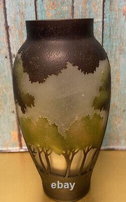Vintage Cameo French Studio Art Glass Vase Etched Carved Layered Forest Trees