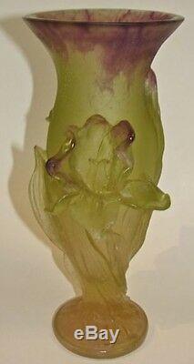 Vintage Daum France Crystal Iris Pate De Verré Signed Vase