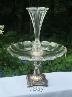 Vintage Epergne Centerpiece Glass Bowl Compote Vase Footed Silver Plated Base