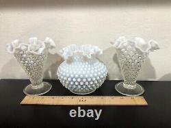Vintage Fenton Art Glass White French Opalescent Hobnail Vase Set of 3