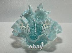 Vintage Fenton Blue Opalescent Hobnail Glass Horn Epergne. 8.5 Diameter F19