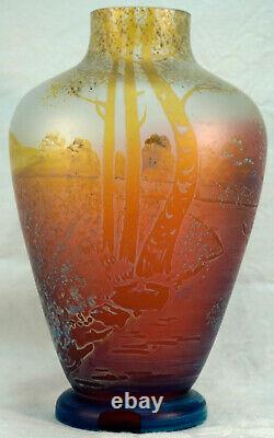 Vintage French Art Glass Galle style Cameo Vase Nice Scenery