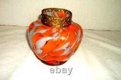 Vintage French Art Glass Vase Melon Shape Filigree Collar Orange Splatter MCM
