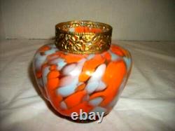 Vintage French Art Glass Vase Melon Shape Filigree Collar Orange Splatter MCM