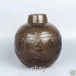 Vintage French Deco Art Glass Vase W Acid Cut Back Decoration Fish Drilled GL