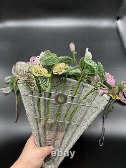 Vintage French Glass Seed Beaded Flower Bouquet In Beaded Wall Vase Art