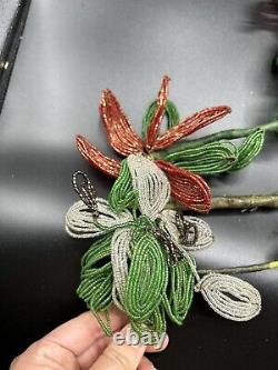 Vintage French Glass Seed Beaded Flower Bouquet In Beaded Wall Vase Art