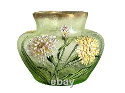 Vintage French Glass Vase Decorated with Textured Flowers and Ruffle Rim