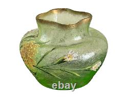 Vintage French Glass Vase Decorated with Textured Flowers and Ruffle Rim
