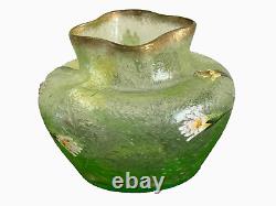 Vintage French Glass Vase Decorated with Textured Flowers and Ruffle Rim