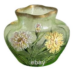Vintage French Glass Vase Decorated with Textured Flowers and Ruffle Rim