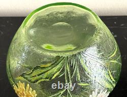 Vintage French Glass Vase Decorated with Textured Flowers and Ruffle Rim
