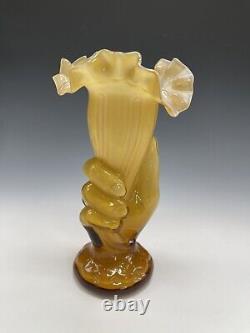 Vintage French Hand Cased Glass Vase Holding Horn of Plenty Amber Ruffled
