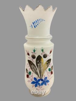 Vintage French Opaline 12.25 Hand Painted Floral Decorated Art Glass Vase