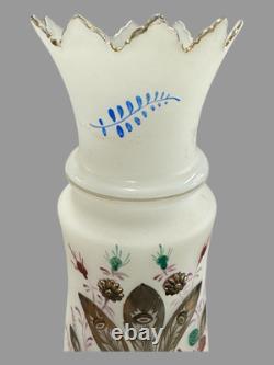 Vintage French Opaline 12.25 Hand Painted Floral Decorated Art Glass Vase