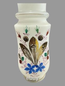 Vintage French Opaline 12.25 Hand Painted Floral Decorated Art Glass Vase