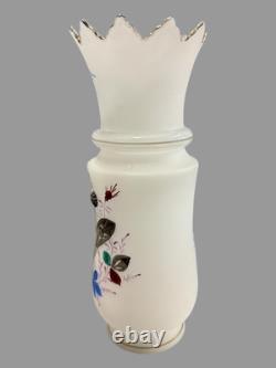 Vintage French Opaline 12.25 Hand Painted Floral Decorated Art Glass Vase
