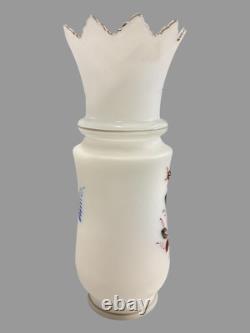 Vintage French Opaline 12.25 Hand Painted Floral Decorated Art Glass Vase