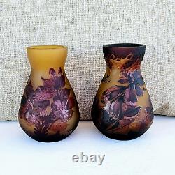 Vintage French Pair Tip Galle Cameo Frosted Glass Vases 111