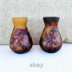 Vintage French Pair Tip Galle Cameo Frosted Glass Vases 111