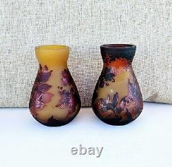 Vintage French Pair Tip Galle Cameo Frosted Glass Vases 111