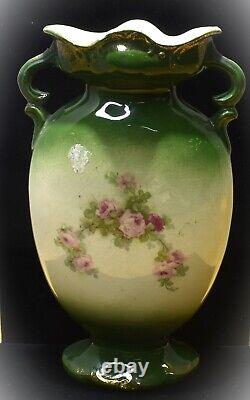 Vintage French Porcelain Green Crackle Glass Art Nouveau Urn Style Vase