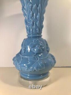 Vintage French Portieux Vallerysthal Blue Opaline Milk Glass Vase Table Lamp