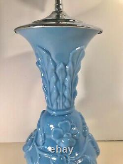 Vintage French Portieux Vallerysthal Blue Opaline Milk Glass Vase Table Lamp